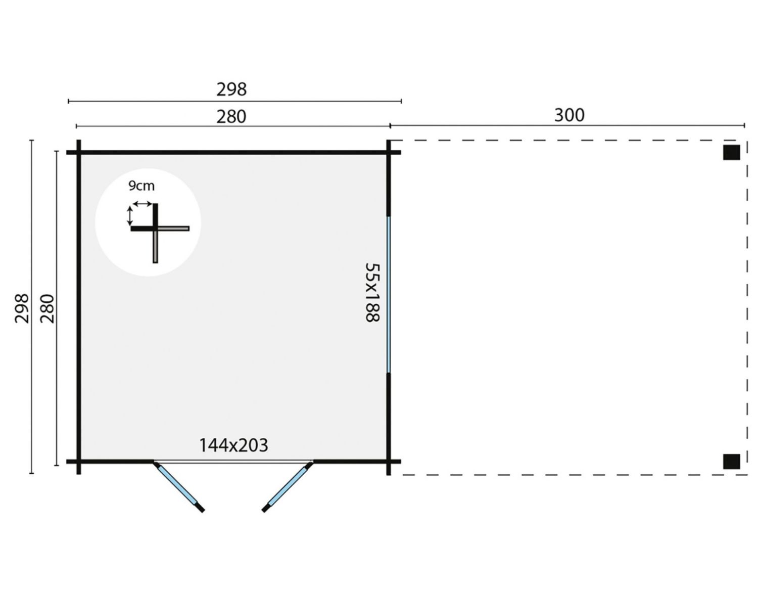 Blokhut Dellinger 300x300 cm + zijluifel 300 cm