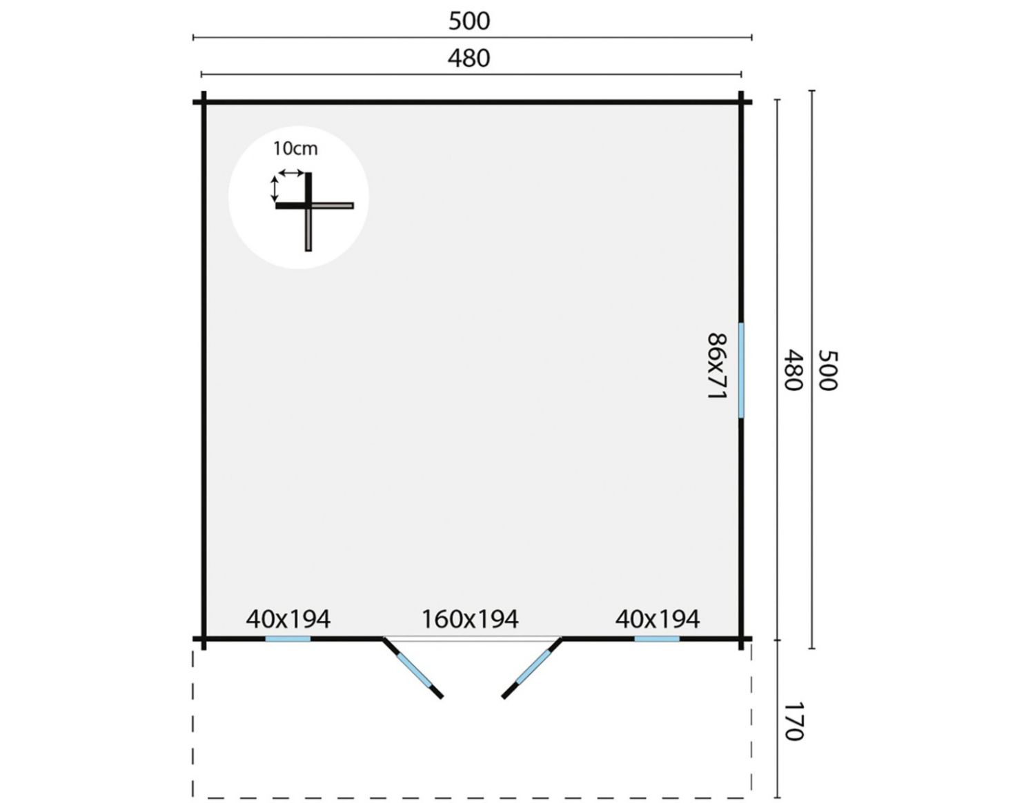 Blokhut Emiel 500x500 cm + luifel 170 cm - Groen geïmpregneerd