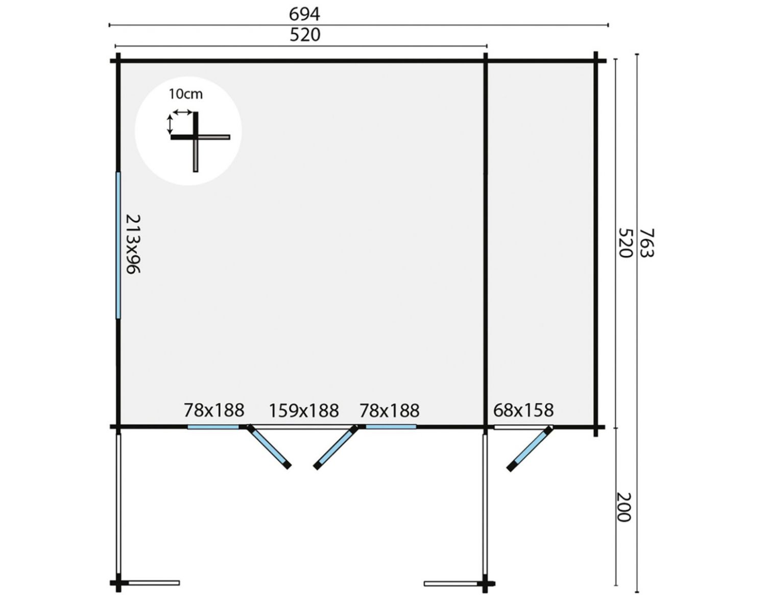 Blokhut Liverpool 540x540 cm + luifel 200 cm + zijaanbouw