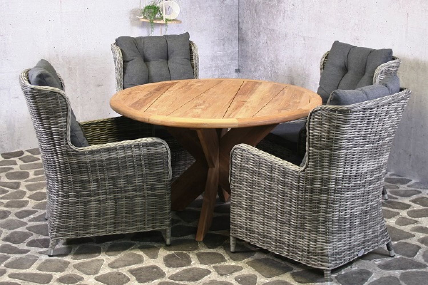 Tuinset Tejeda teak tafel en wicker stoelen