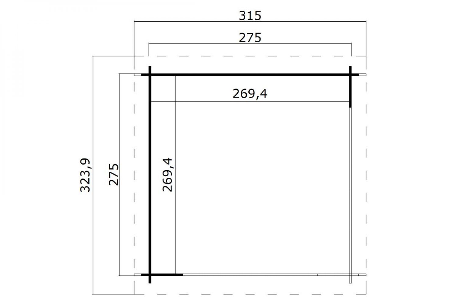 Blokhut Lara 275x275 cm - Platinum Grey-Wit gecoat plattegrond
