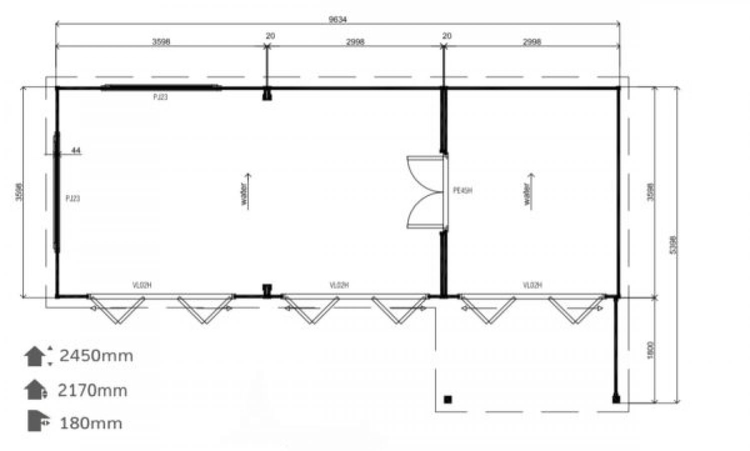 Lugarde Tuinhuis PR42 960x540 cm - 44 mm - plattegrond