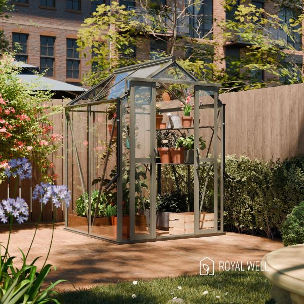 Royal Well Anne I tuinkas 150x150 cm groengrijs met 3mm veiligheidsglas (inclusief fundament)