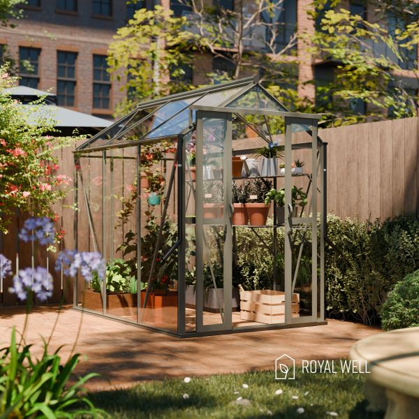 Royal Well Anne II tuinkas 150x220 cm groengrijs met 3mm veiligheidsglas (inclusief fundament)