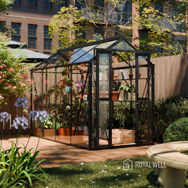 Royal Well Anne III tuinkas 150x290 cm zwart met 3mm veiligheidsglas (inclusief fundament)