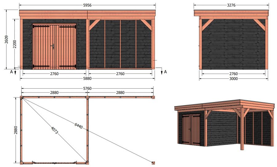 Trendhout Overkapping met schuur Traditioneel douglas 595x330x260 cm met vuren zwart geïmpregneerde wanden