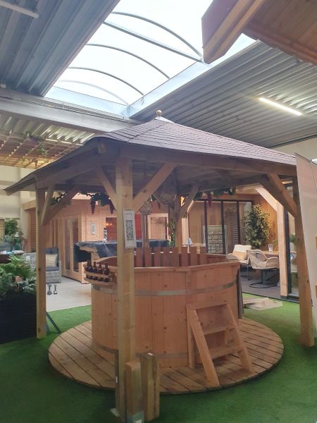 Tuindeco Tourist prieel 340x340 cm vuren groen geïmpregneerd - incl. dakshingles, afdekkap en bol - Showmodel Wommelgem