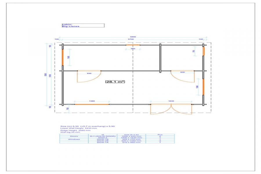 Tuindeco Big Blokhut Llanes 590x530 cm + luifel 70 cm 44 mm vuren red class wood geïmpregneerd