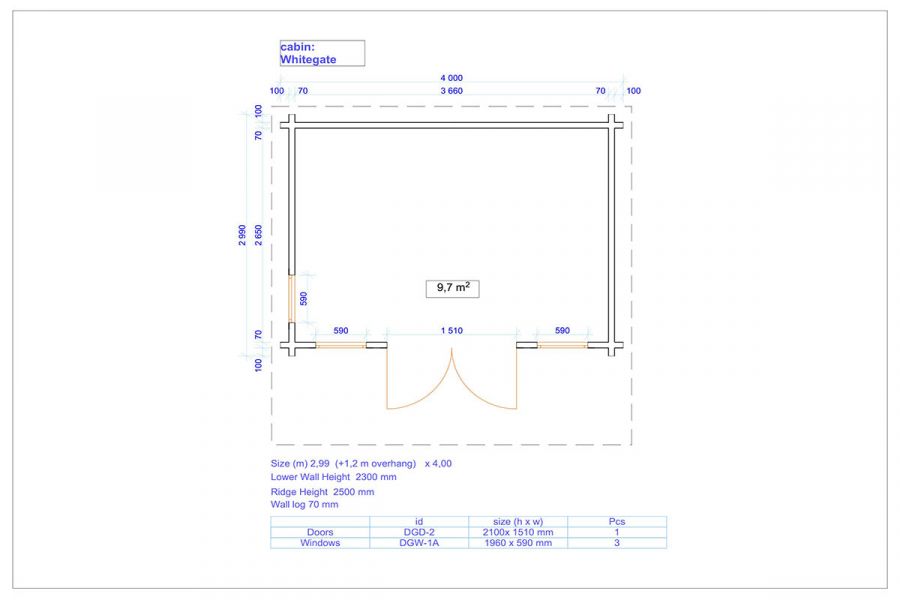 Tuindeco Whitegate Blokhut 400x280 cm + luifel 120 cm 70mm vuren groen geïmpregneerd