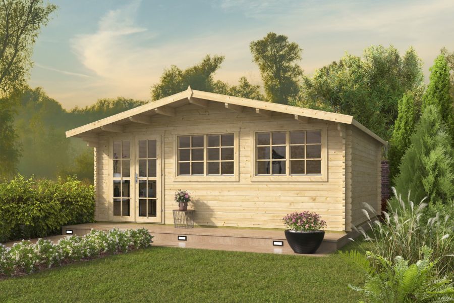 Tuindeco Tova Blokhut 595x500 cm + luifel 75 cm 44 mm vuren honing geïmpregneerd