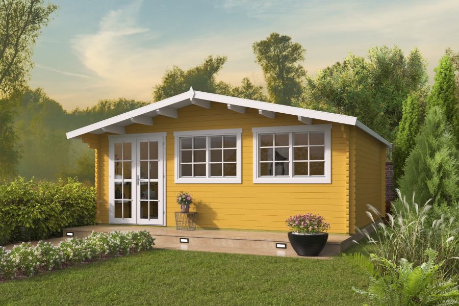 Tuindeco Tova Blokhut 595x500 cm + luifel 75 cm 44 mm vuren honing geïmpregneerd