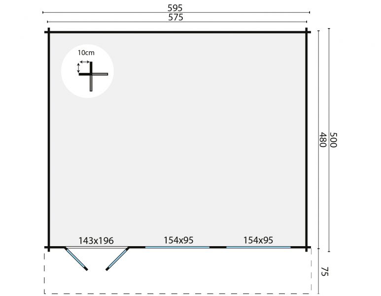 Tuindeco Tova Blokhut 595x500 cm + luifel 75 cm 44 mm vuren honing geïmpregneerd