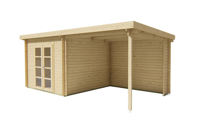 Tuindeco Hasse Blokhut 300x300 cm + luifel 300 cm 28 mm vuren red class wood geïmpregneerd