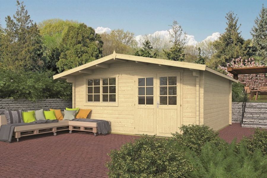 Blokhut Dingle 500x500 cm + luifel 70 cm - red class wood geimpregneerd