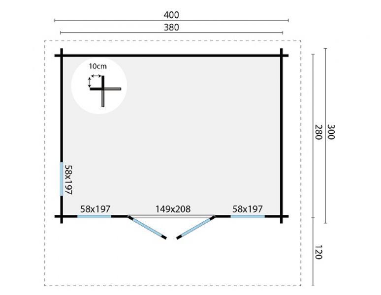 Blokhut Whitegate 400x280 cm + luifel 120 cm - Grijs geïmpregneerd
