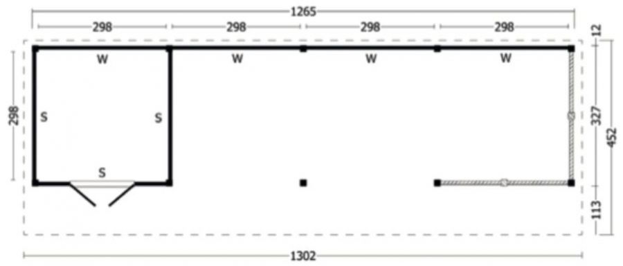 Lariks/Douglas Kapschuur Bergen XL type 11 zwart 1302x452 cm plattegrond