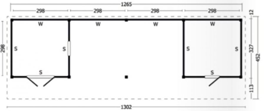 Lariks/Douglas Kapschuur Bergen XL type 12 zwart 1302x452 cm plattegrond