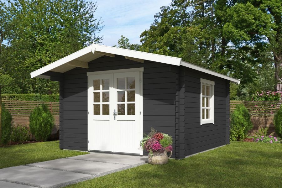 Blokhut Floor 350x350 cm + luifel 70 cm 40 mm vuren donkergrijs-wit geverfd