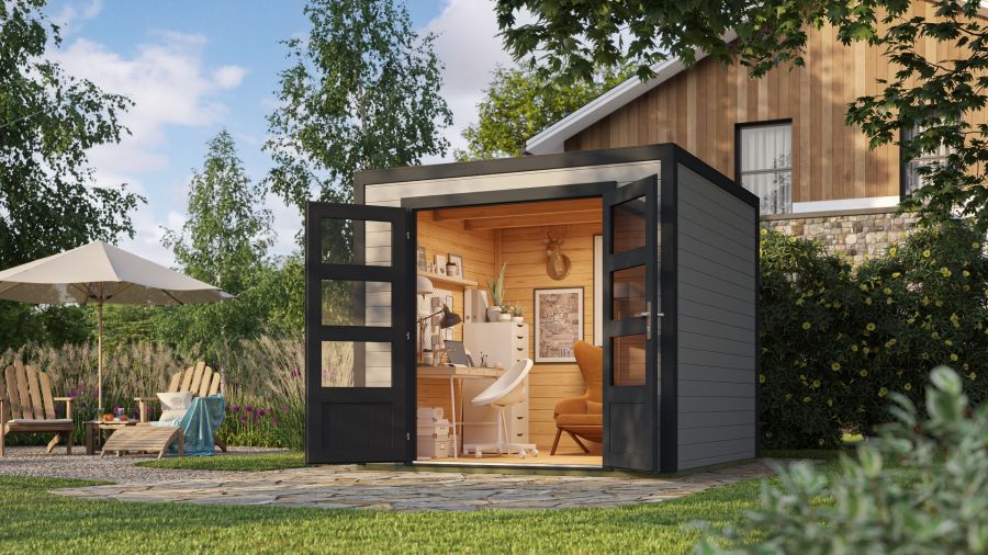 Outdoor Life Quby blokhut 250x250 cm 28 mm vuren lichtgrijs-donkergrijs exterieur gecoat