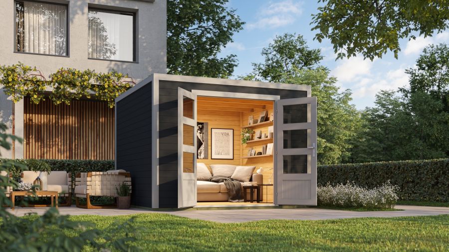 Outdoor Life Quby blokhut 300x300 cm 28 mm vuren donkergrijs-lichtgrijs exterieur gecoat