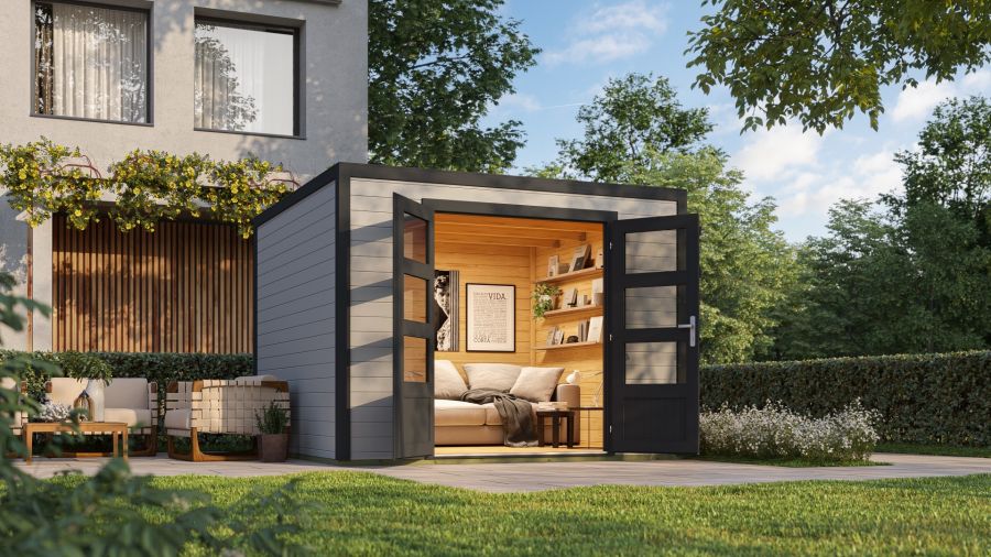 Outdoor Life Quby blokhut 300x300 cm 28 mm vuren lichtgrijs-donkergrijs exterieur gecoat