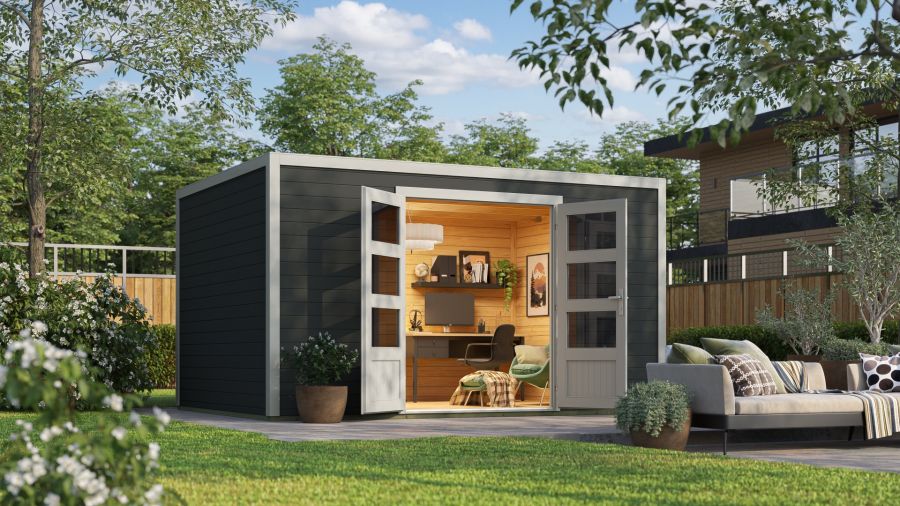 Outdoor Life Quby blokhut 400x300 cm 28 mm vuren donkergrijs-lichtgrijs exterieur gecoat