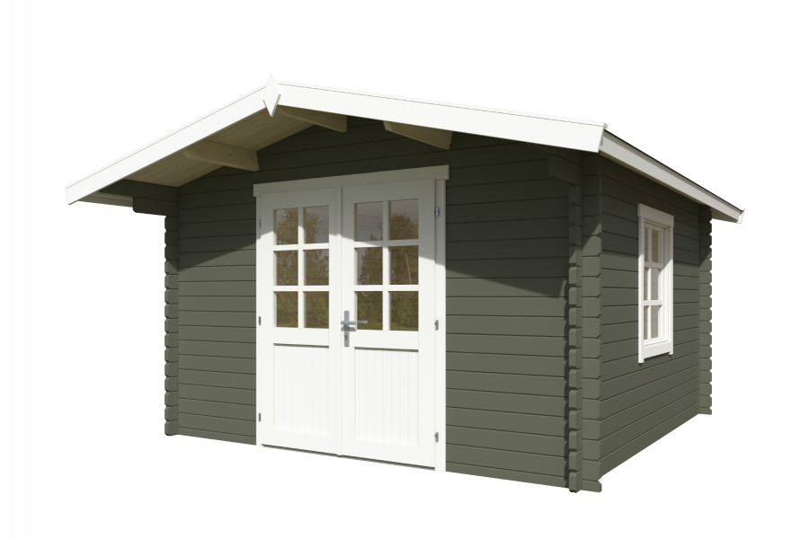 Blokhut Floor 350x350 cm + luifel 70 cm 40 mm vuren groengrijs-wit geverfd