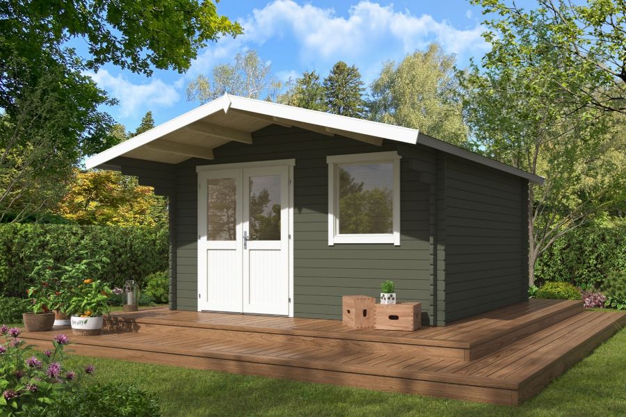 Blokhut Floor 410x410 cm + luifel 130 cm 40 mm vuren groengrijs-wit geverfd