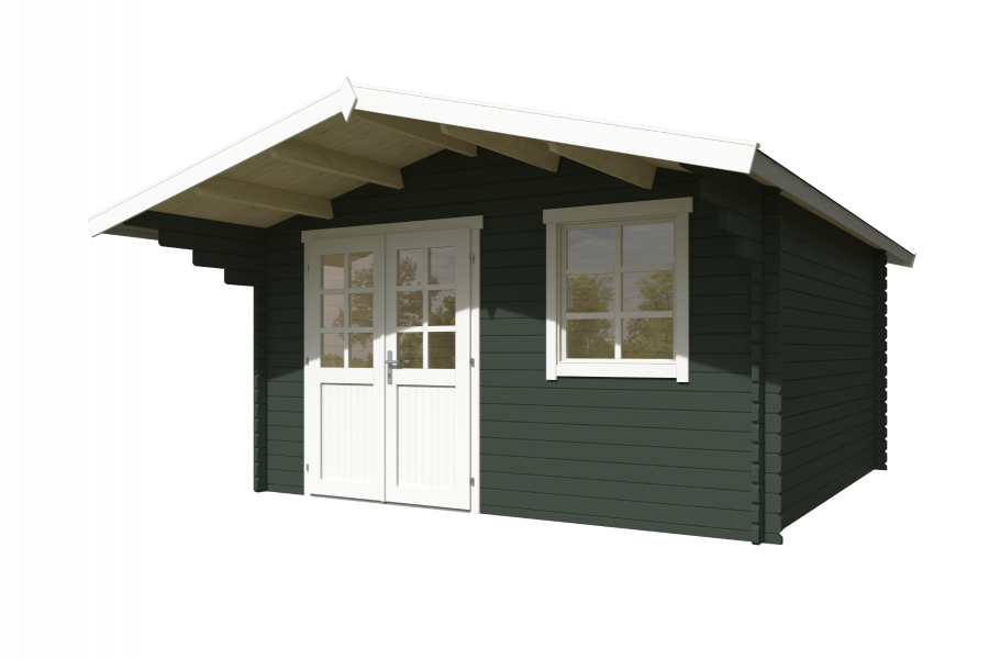 Blokhut Floor 410x410 cm + luifel 130 cm 40 mm vuren groengrijs-wit geverfd