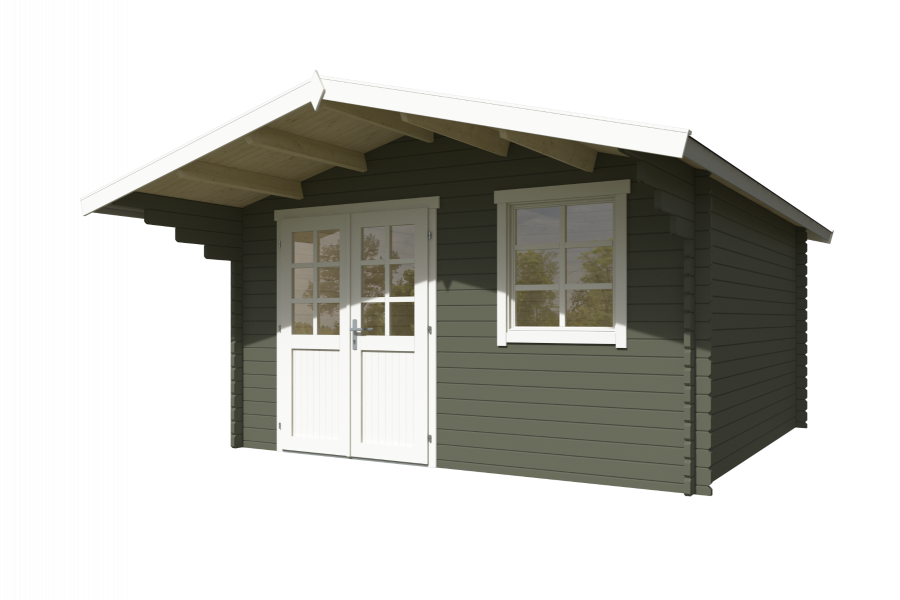 Blokhut Floor 410x410 cm + luifel 130 cm 40 mm vuren groengrijs-wit geverfd