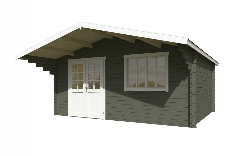 Blokhut Floor 505x410 cm + luifel 150 cm 40 mm vuren groengrijs-wit geverfd