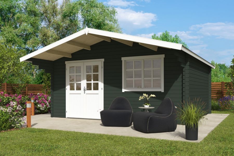 Blokhut Floor 505x445 cm + luifel 130 cm 40 mm vuren groengrijs-wit geverfd