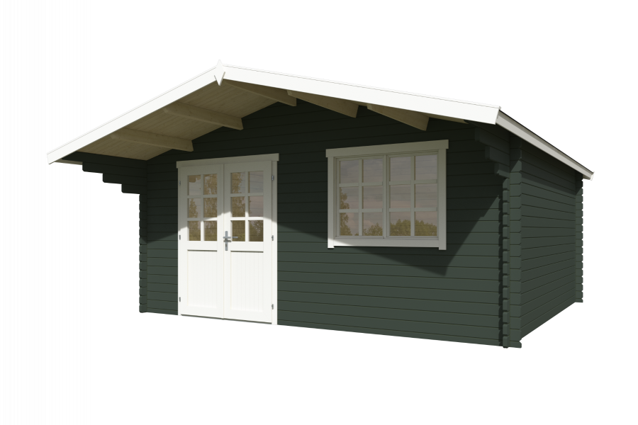 Blokhut Floor 505x445 cm + luifel 130 cm 40 mm vuren groengrijs-wit geverfd