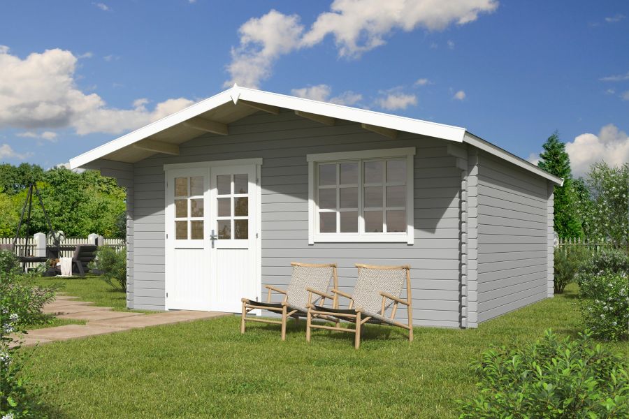 Blokhut Floor 505x505 cm + luifel 90 cm 40 mm vuren lichtgrijs-wit geverfd