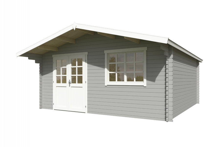 Blokhut Floor 505x505 cm + luifel 90 cm 40 mm vuren lichtgrijs-wit geverfd