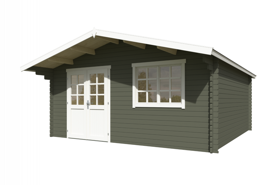 Blokhut Floor 505x505 cm + luifel 90 cm 40 mm vuren groengrijs-wit geverfd