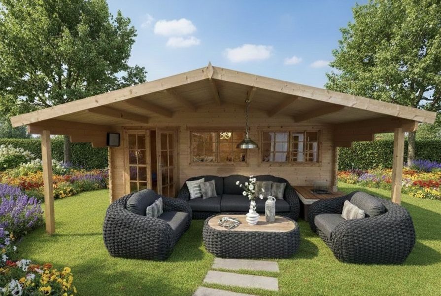 Tuindeco Piet blokhut 595x300 cm + luifel 200 cm - inclusief zwarte dakshingles, dakgoot, binnenvloer en composiet funderingsbalken - Showmodel Numansdorp