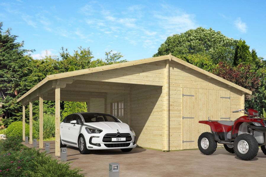 Garage/Carport Berggren 396+369x830 cm - Bruin geïmpregneerd