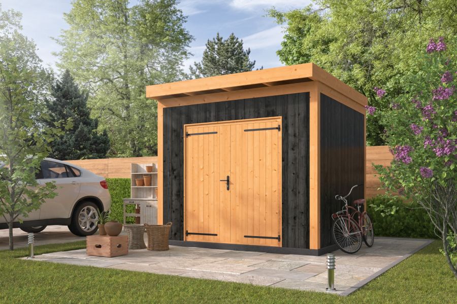 Berging Almelo 300x300 cm incl. dubbele deur, verticale wanden zwart geïmpregneerd - Bouwpakket