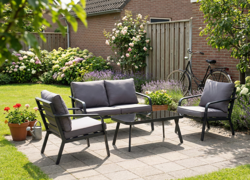 Tuindeco Dominica loungeset 4-delig zwart aluminium met antraciet kussens