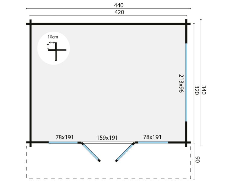Tuindeco Blackpool blokhut 440x340 cm + luifel 90 cm 58 mm vuren groen geïmpregneerd