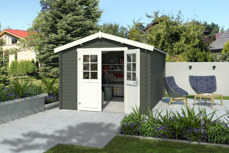Outdoor Life Norah Blokhut 295x380 cm 28 mm vuren Green Grey-Wit gecoat