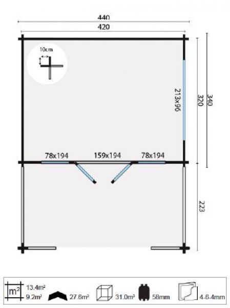 Tuindeco Bolton Blokhut 440x340 cm + luifel 200 cm 58 mm vuren groen geïmpregneerd