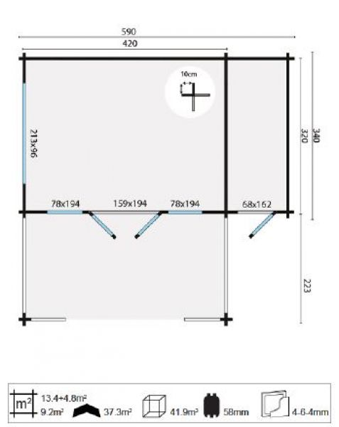 Tuindeco Coventry Blokhut 440x340 cm + luifel 223 cm 58 mm vuren honing geïmpregneerd