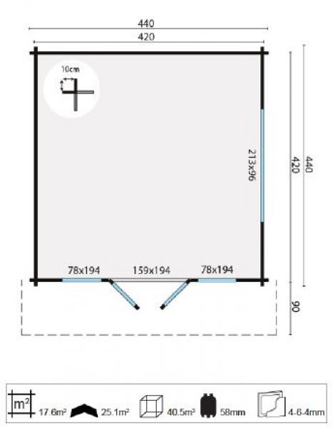 Tuindeco Derby Blokhut 440x440 cm 58 mm vuren honing geïmpregneerd