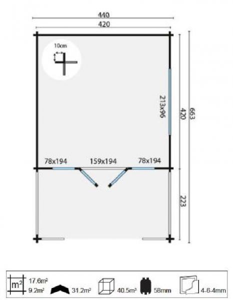 Tuindeco Ipswich Blokhut 440x440 cm + luifel 223 cm 58 mm vuren red class wood geïmpregneerd