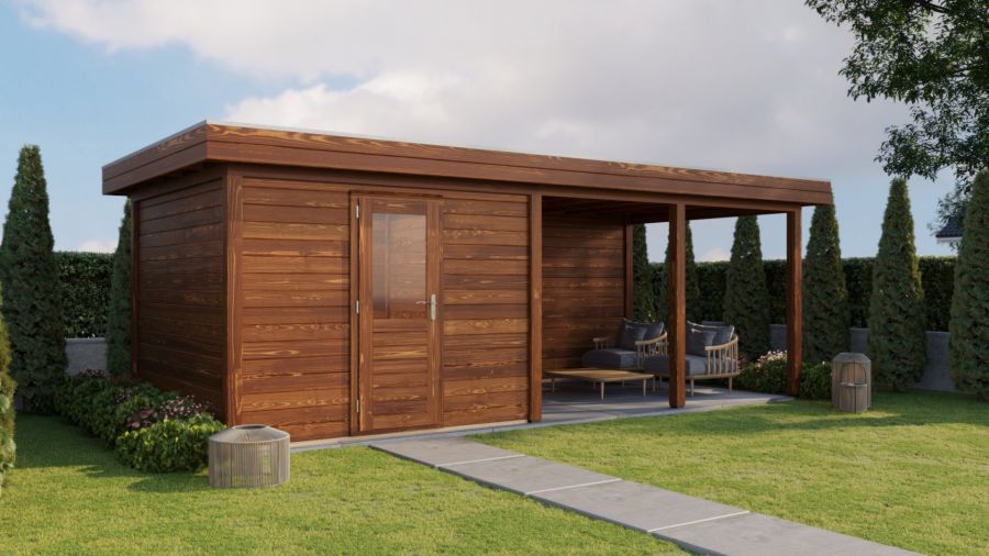 Lugarde Select Modern tuinhuis met overkapping Lelystad 300x300cm + 400cm - Bruine olie