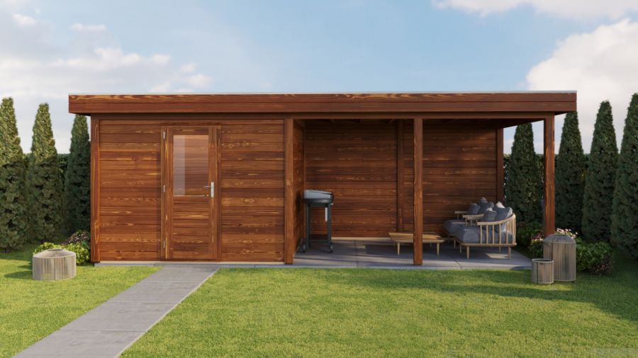 Lugarde Select Modern tuinhuis met overkapping Lelystad 300x300cm + 400cm - Bruine olie