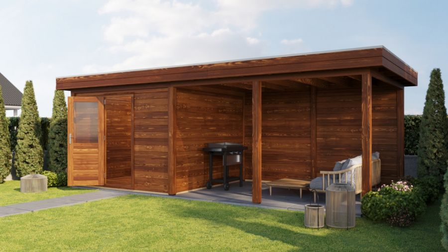 Lugarde Select Modern tuinhuis met overkapping Lelystad 300x300cm + 400cm - Bruine olie