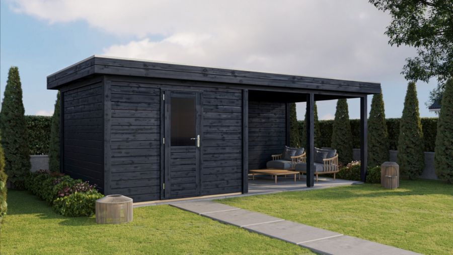 Lugarde Select Modern tuinhuis met overkapping Lelystad 300x300cm + 400cm - Zwarte olie